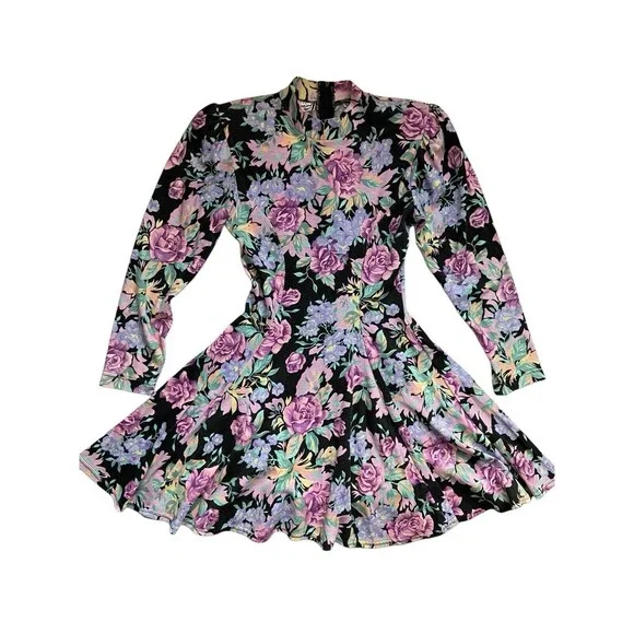 Vintage Floral Skater Dress‎ Size S Cottagecore 80s Shoulder Pads CFTC Sport USA - Picture 4 of 12